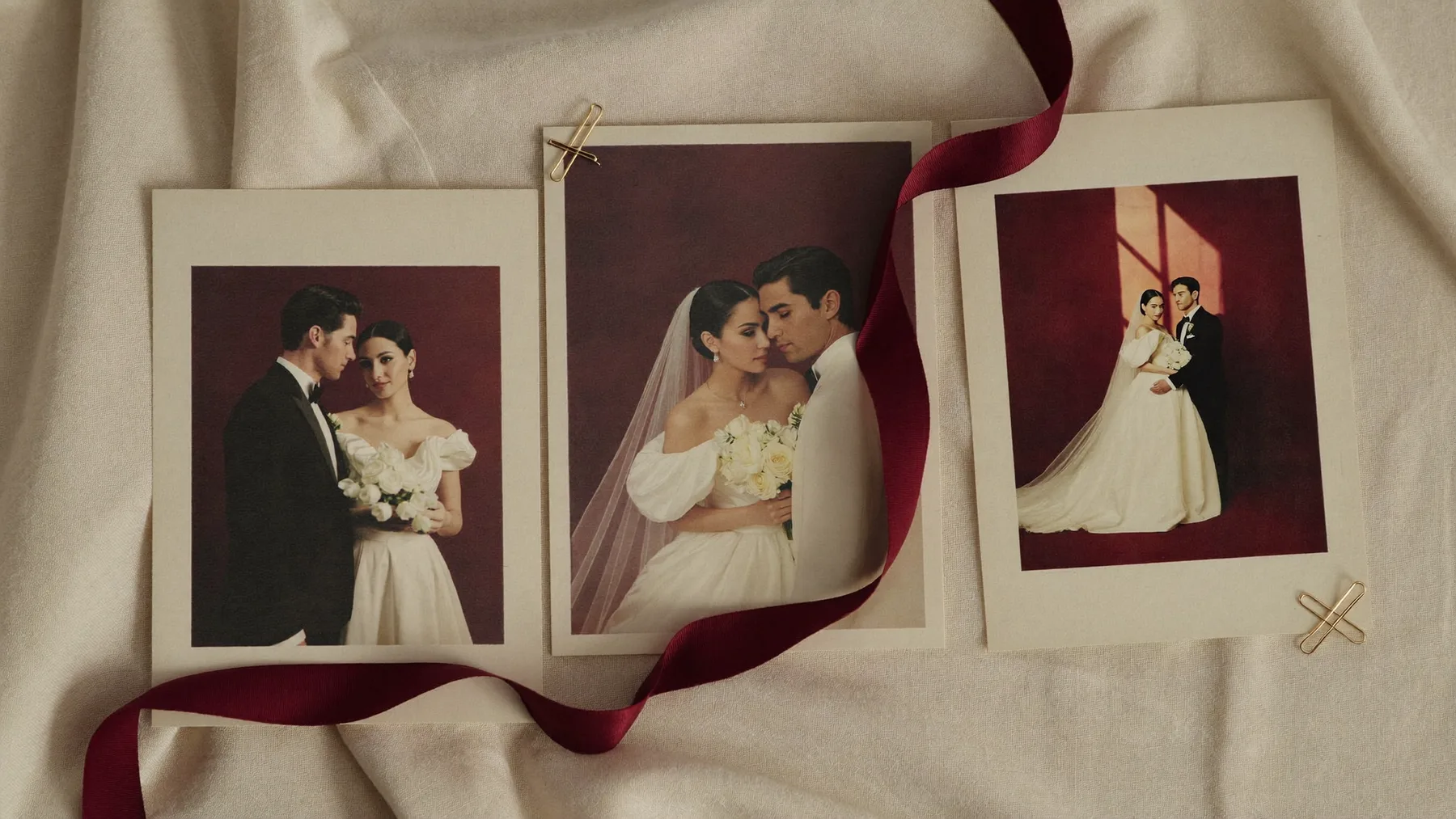 Fine-art wedding prints arranged on cream linen with a burgundy silk ribbon